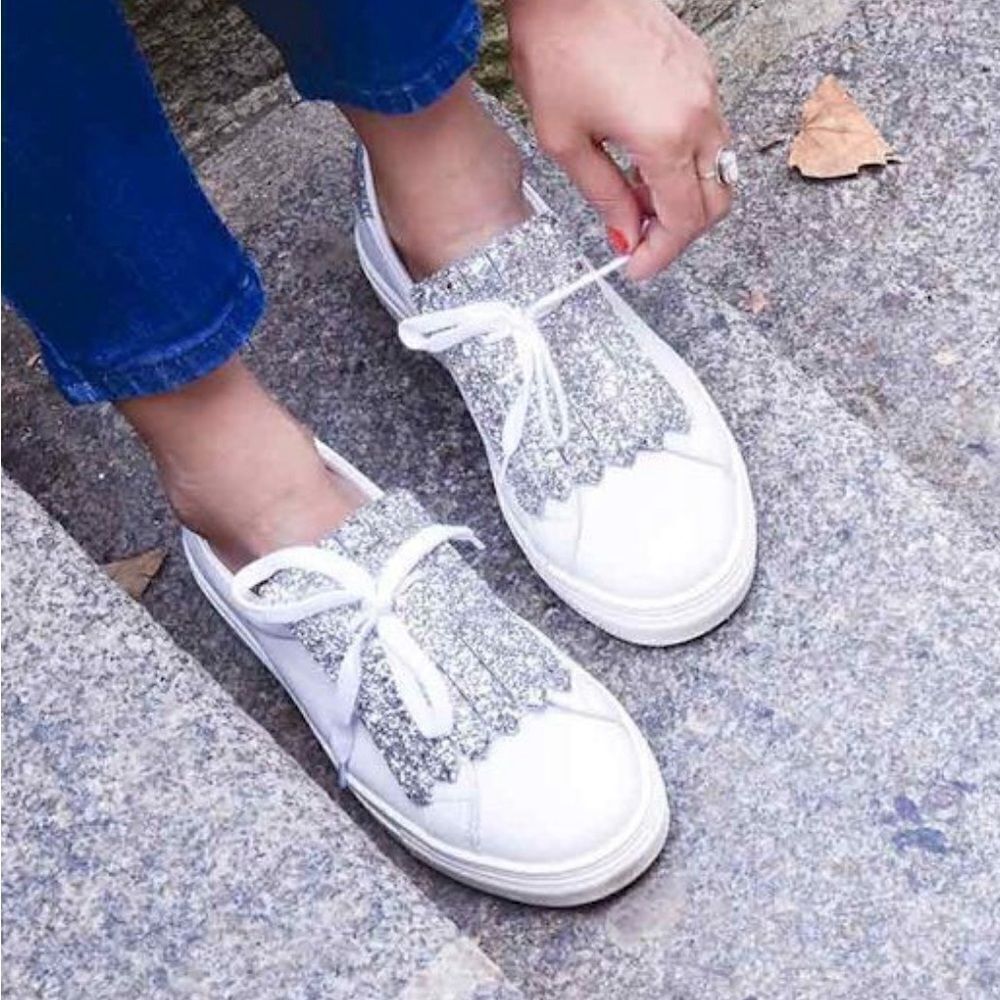 White Leather Made in Italy Sneakers with Silver Glitter Details Women’s Size 38